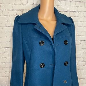 Maralyn & me size petite medium Wool Blue Trench Coat w/Black Buttons